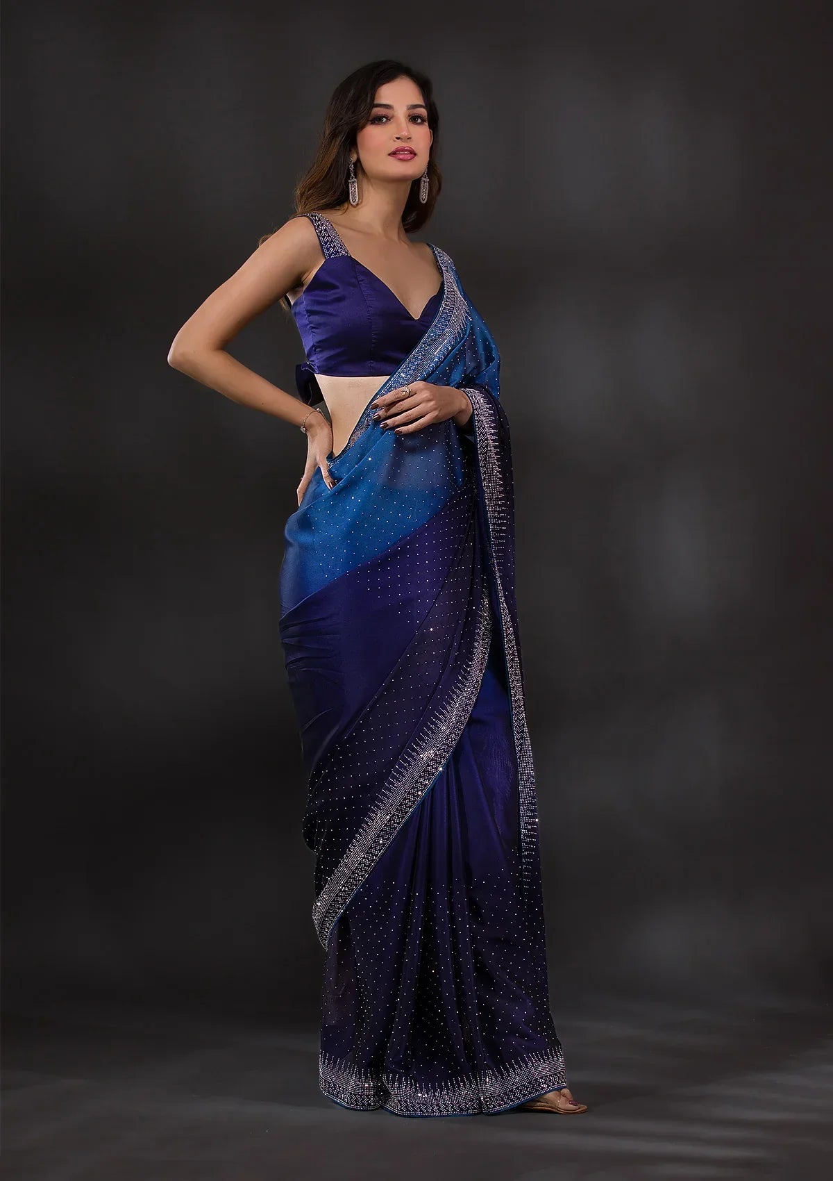 Ombre Navy Blue Stonework Satin Designer Saree