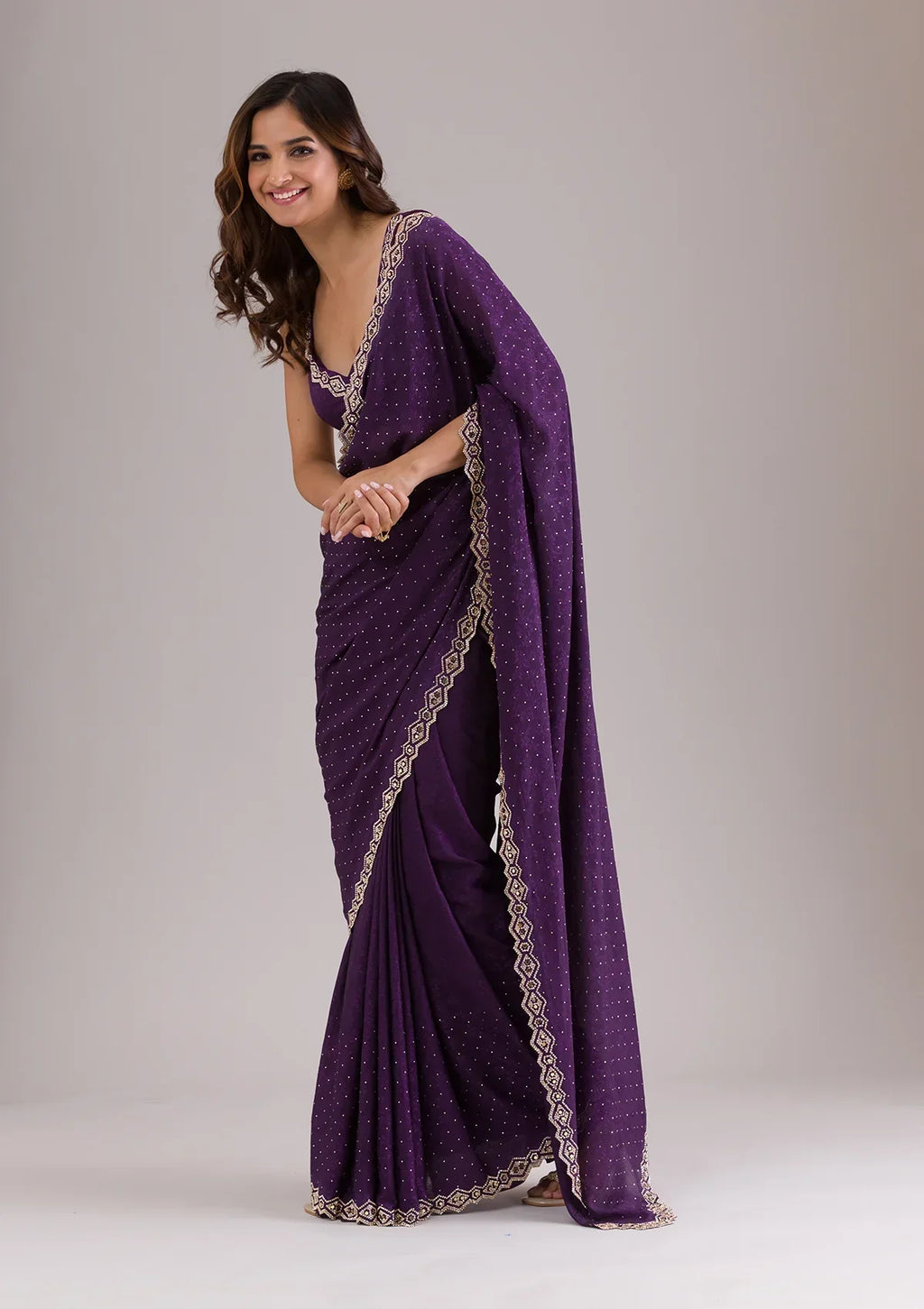 Purple Stonework Semi Crepe Saree