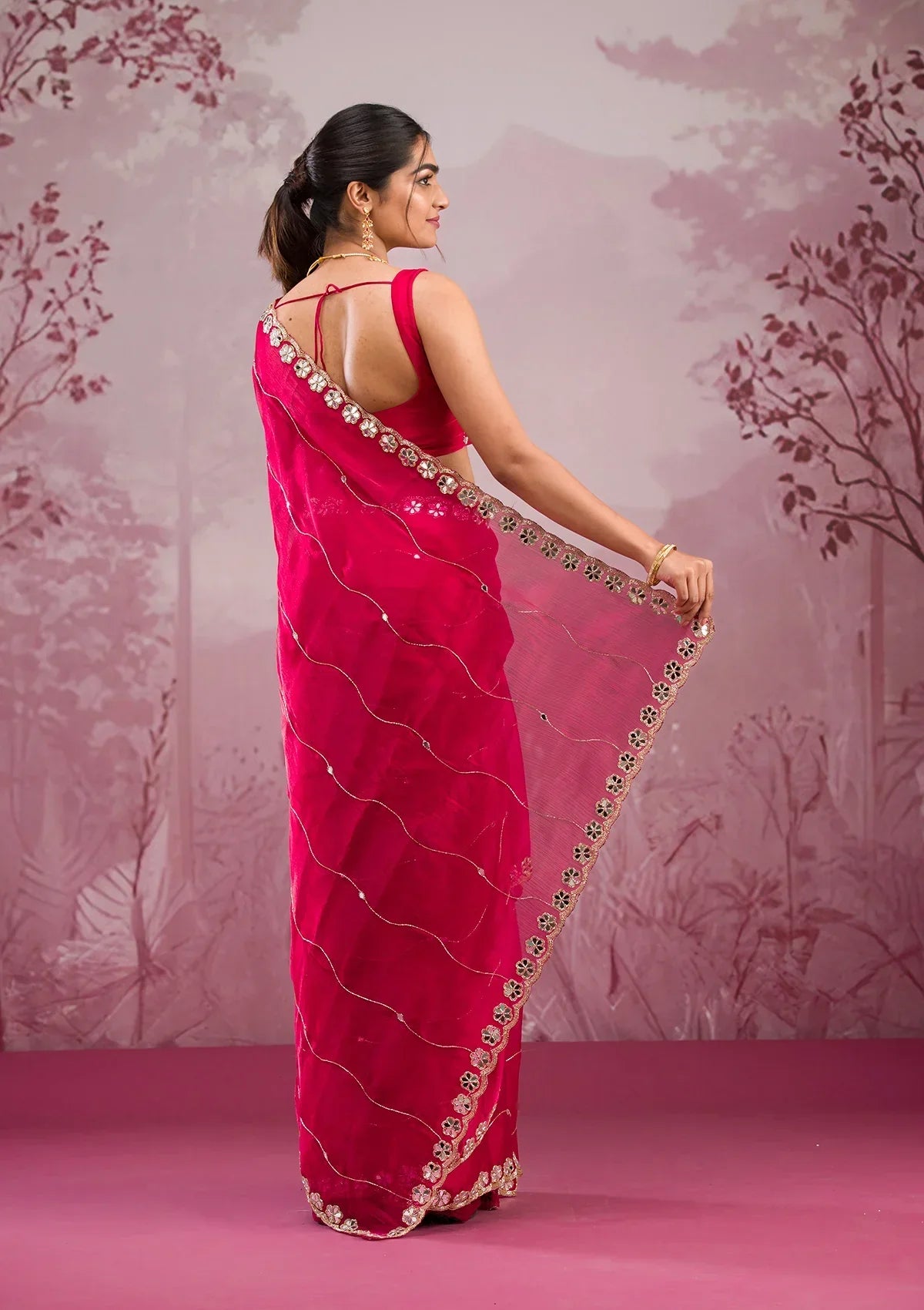 Red Mirrorwork Georgette Saree