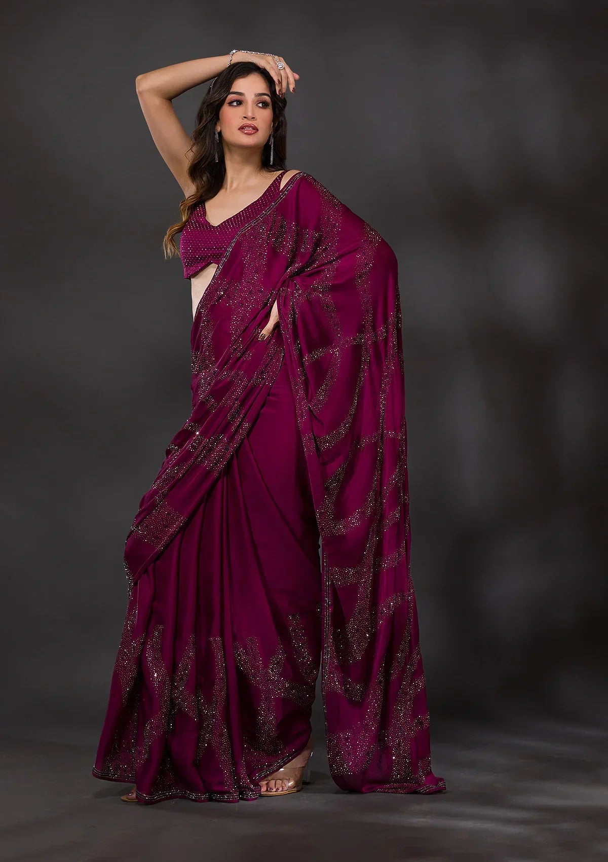 Wine Stonework Satin Designer Saree