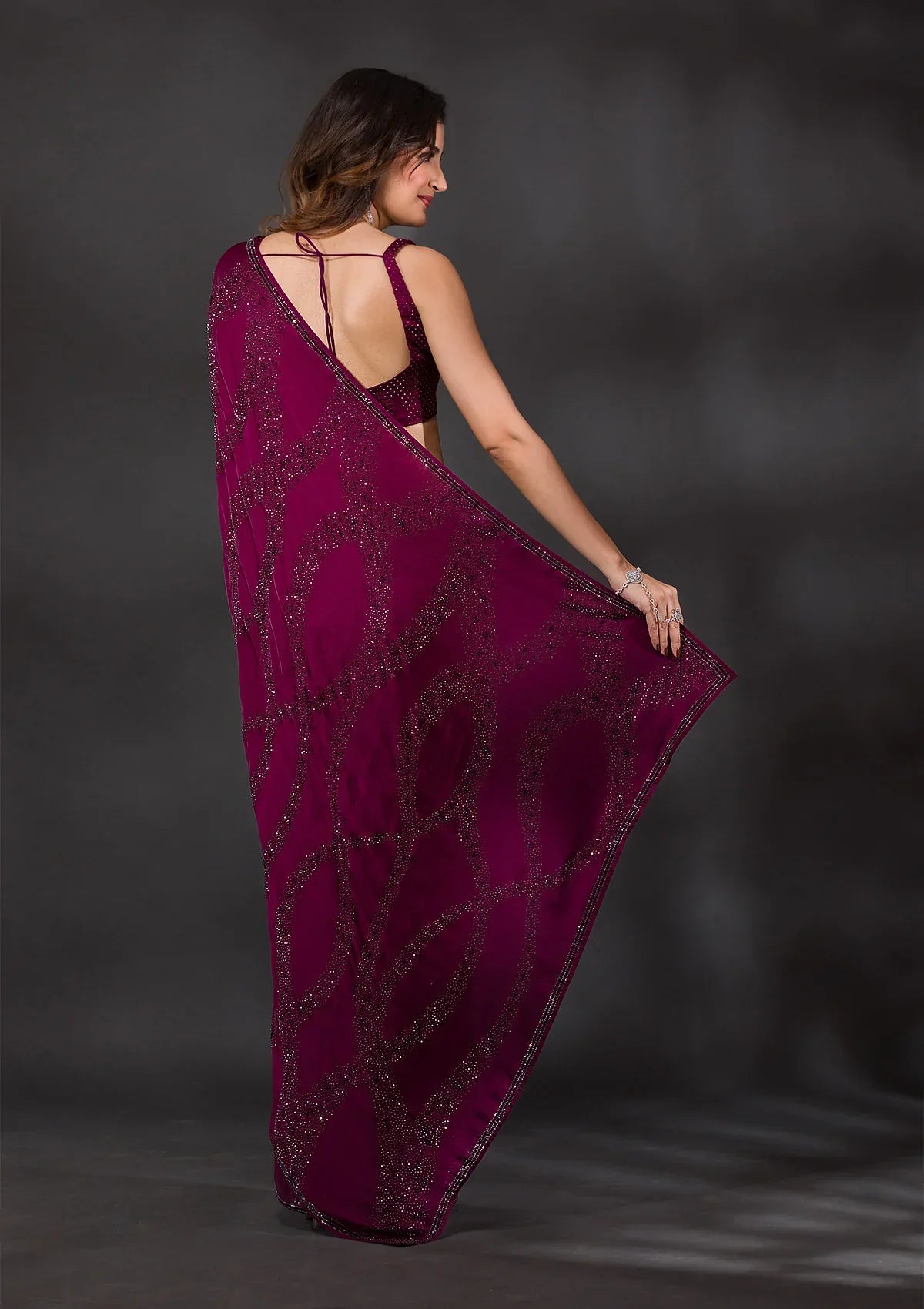 Wine Stonework Satin Designer Saree